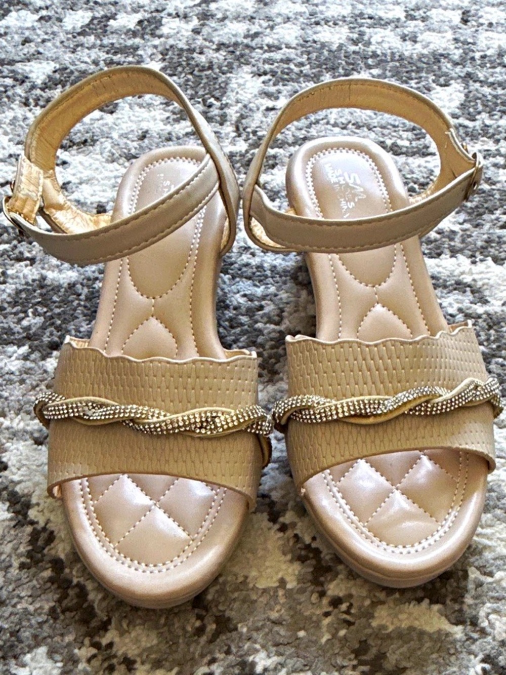Beige Women's Ankle-Strap Sandals with Decorative Chain